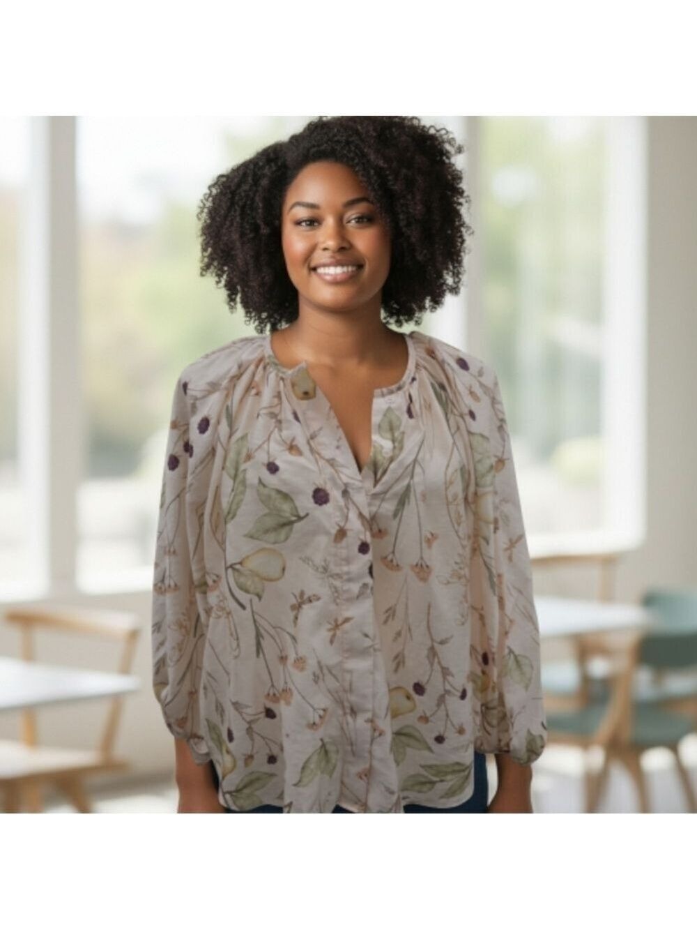 H&M Cream Green Floral Blouse Medium